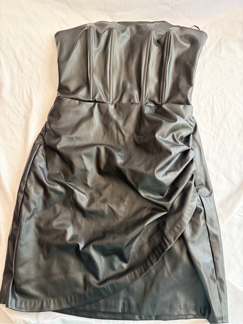 Zara Black Faux Leather Strapless Mini Dress Size Large Ruched Boned Corset